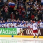 MINSK, BELARUS - MAY 9: Russia's Sergei Plotnikov #16 celebrates at the bech with teammates after a first period goal against Switzerland during preliminary round action at the 2014 IIHF Ice Hockey World Championship. (Photo by Andre Ringuette/HHOF-IIHF Images)
